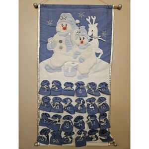 Christmas Snowman Reindeer Fabric Hanging Advent Calendar 24 Day Blue‎ Vintage